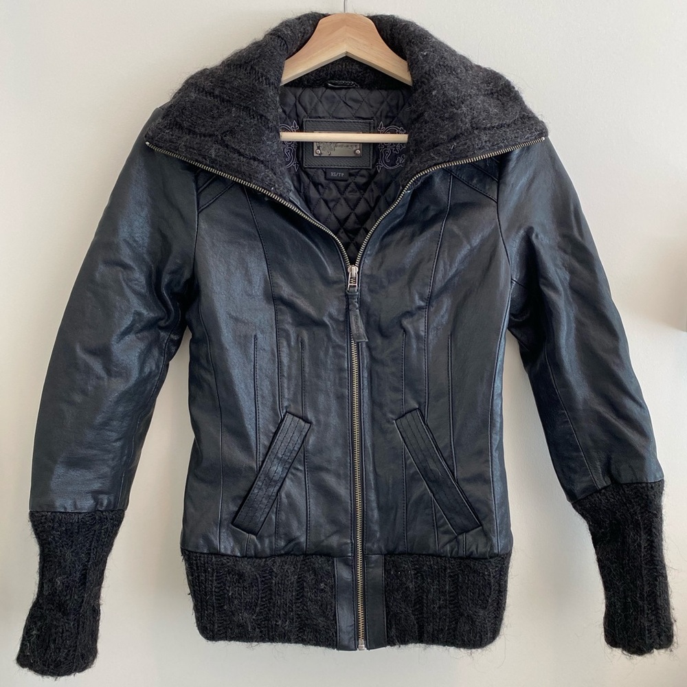 MACKAGE Leather Jacket with Wool Trim